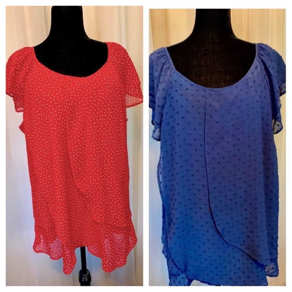 SOLD! Roz & Ali Red with White Polka Dots/ Navy Blue Flowy Top